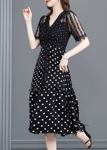 Black Dot Lace Patchwork Hollow Out Long Dresses Summer