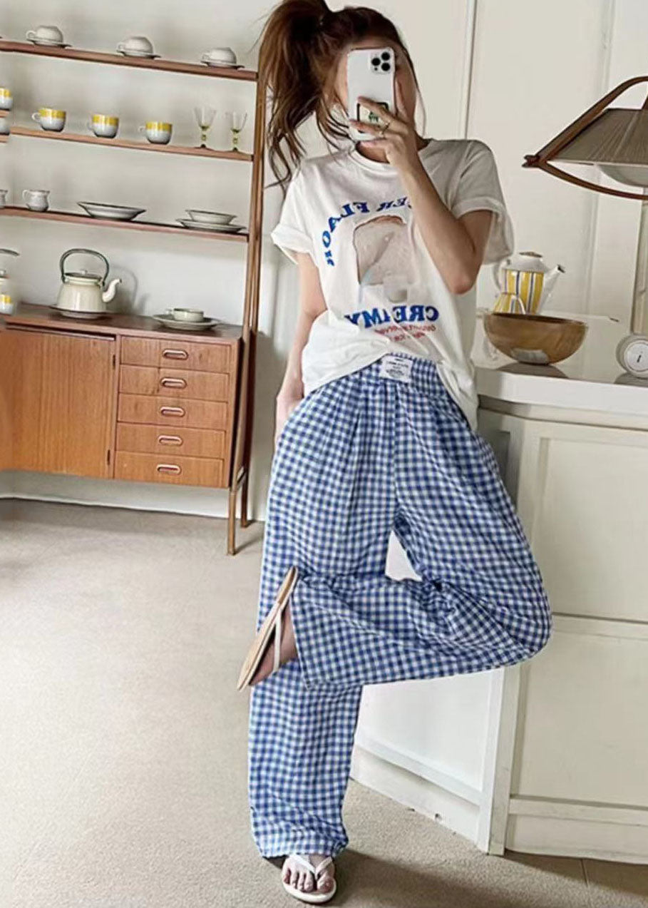 Black Elastic Waist Plaid Linen Wide Leg Pants Spring