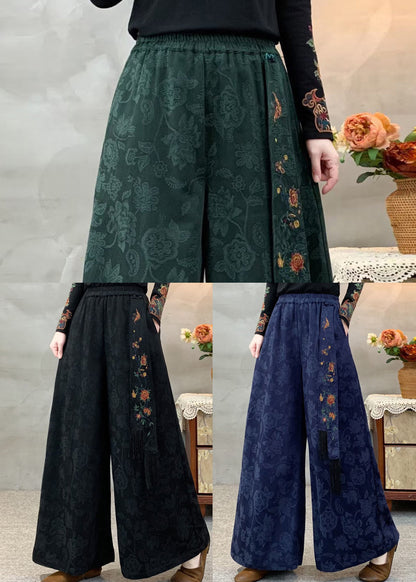 Black Elastic Waist Pockets Jacquard Cotton Pants Fall