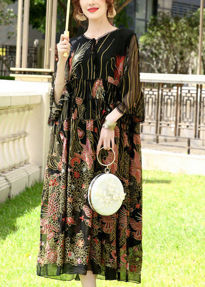 Black Embroideried Lace Up Silk a Line Dresses Summer