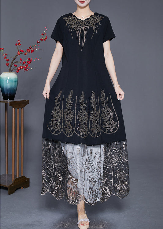 Black Embroidered Tulle Patchwork Zircon Cotton Dress Summer