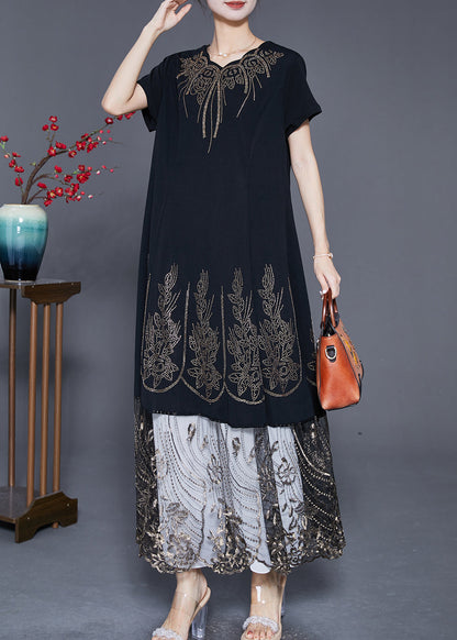 Black Embroidered Tulle Patchwork Zircon Cotton Dress Summer