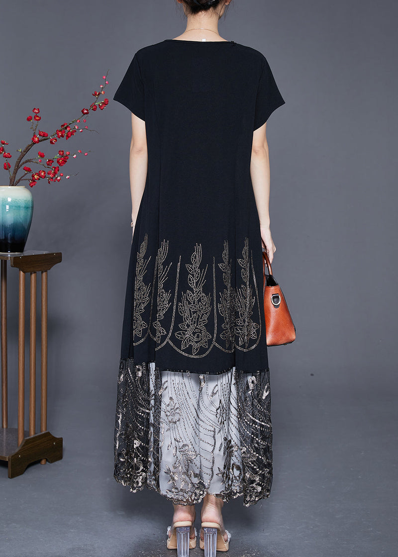 Black Embroidered Tulle Patchwork Zircon Cotton Dress Summer