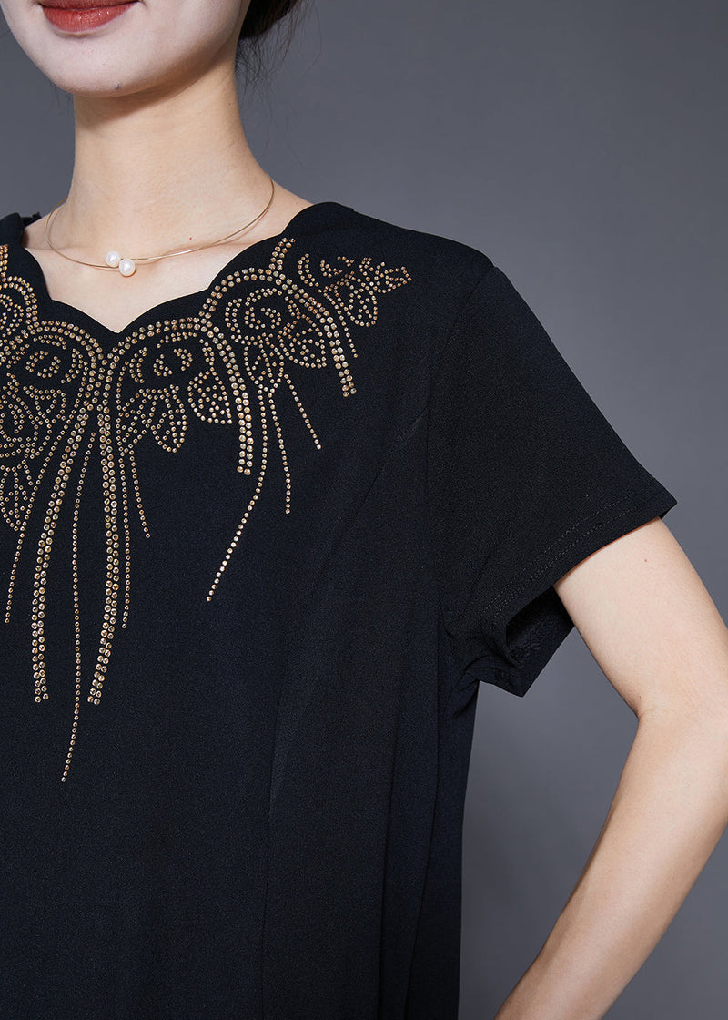 Black Embroidered Tulle Patchwork Zircon Cotton Dress Summer