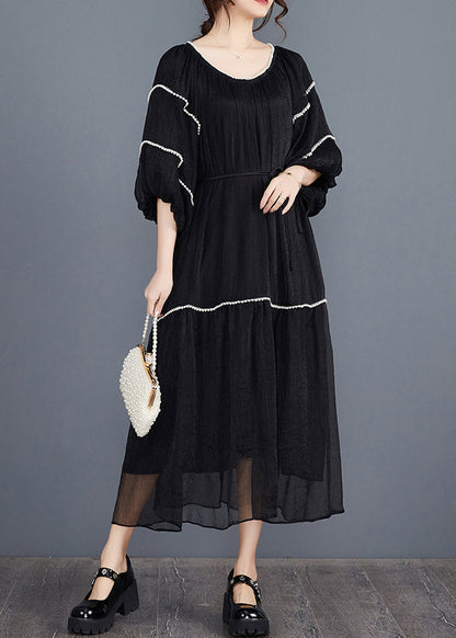 Black Nail Bead Long Dresses Half Sleeve