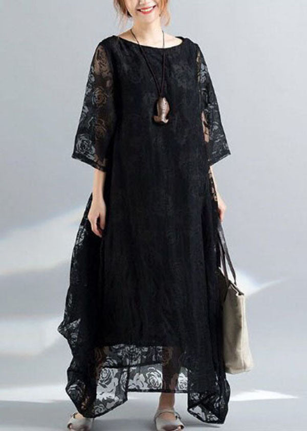 Black O-neck Embroideried Lace Long Dress Bracelet Sleeve