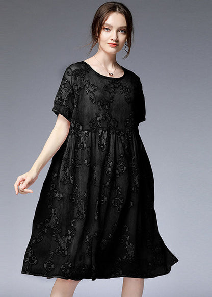 Black O-neck Embroideried Patchwork Dresses Two Pieces Set Summer