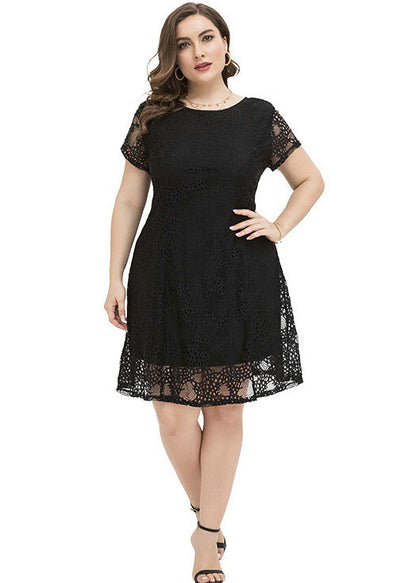 Black O-neck Lace Mid Dress Summer