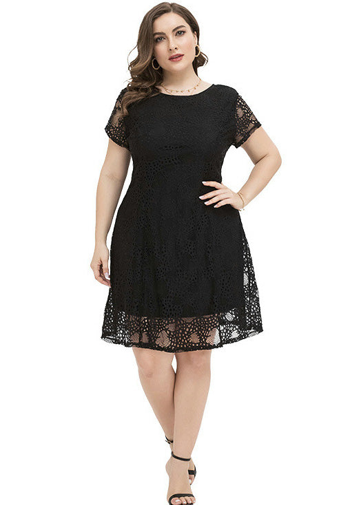 Black O-neck Lace Mid Dress Summer