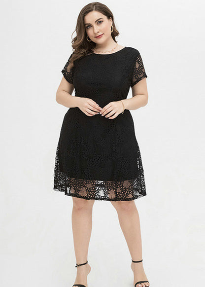 Black O-neck Lace Mid Dress Summer