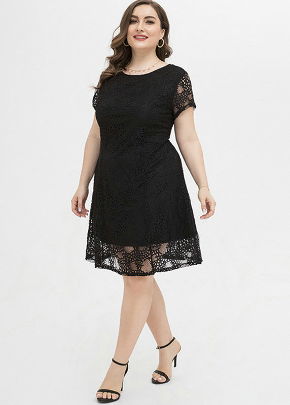 Black O-neck Lace Mid Dress Summer