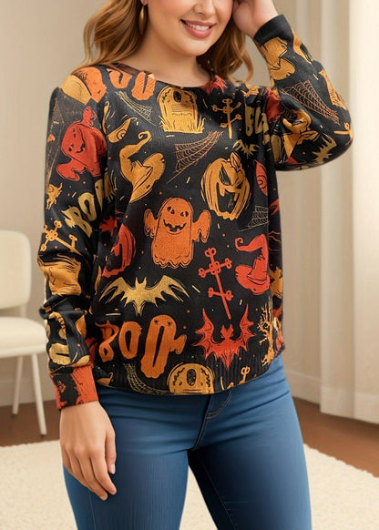 Black O Neck Print Cozy Knit Sweaters Fall