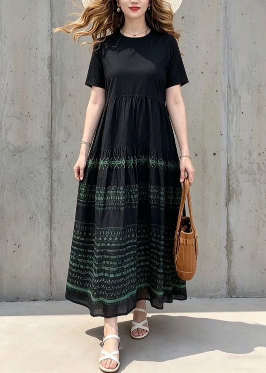 Black O-neck Print Wrinkled Long Dresses Summer
