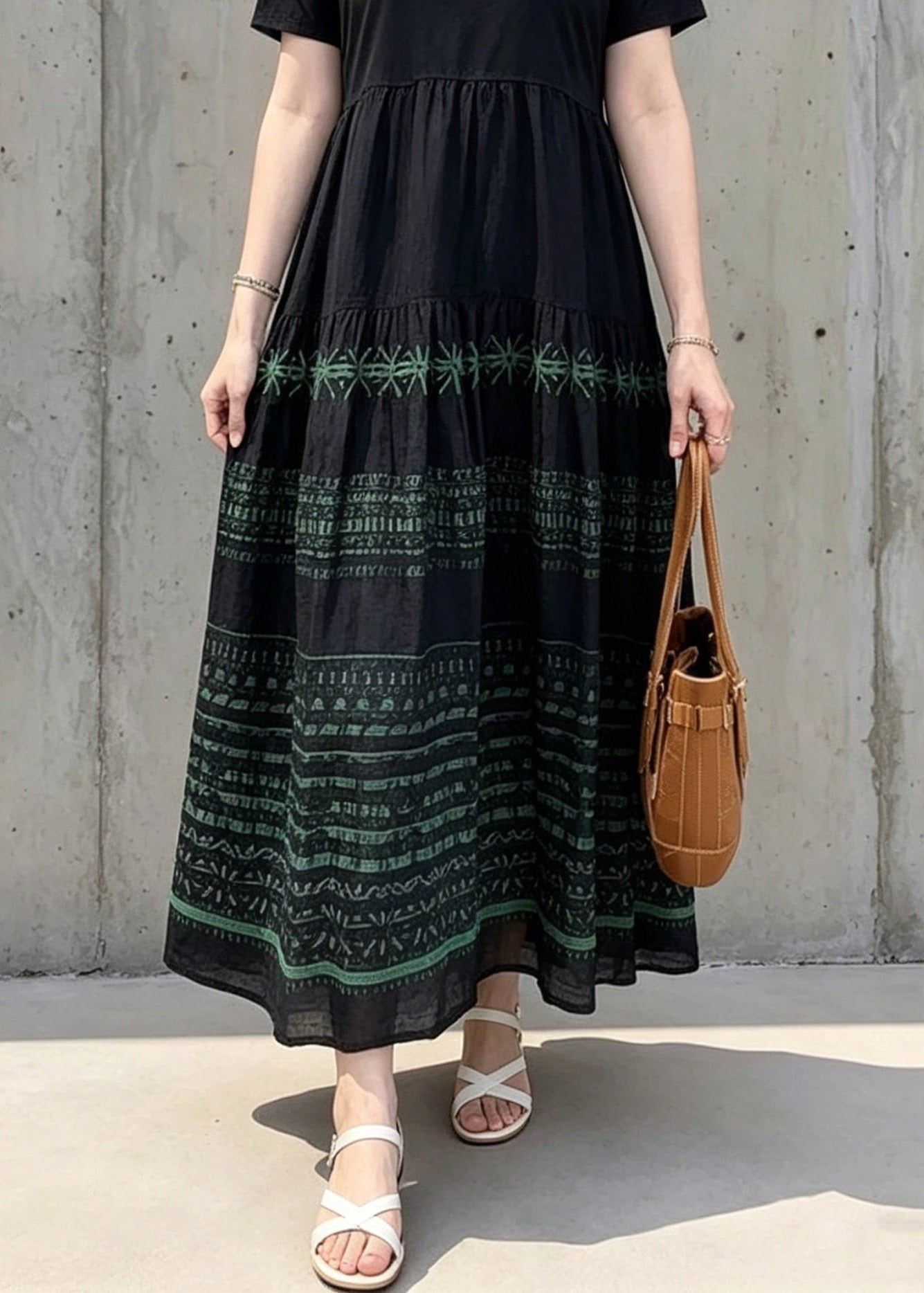 Black O-neck Print Wrinkled Long Dresses Summer
