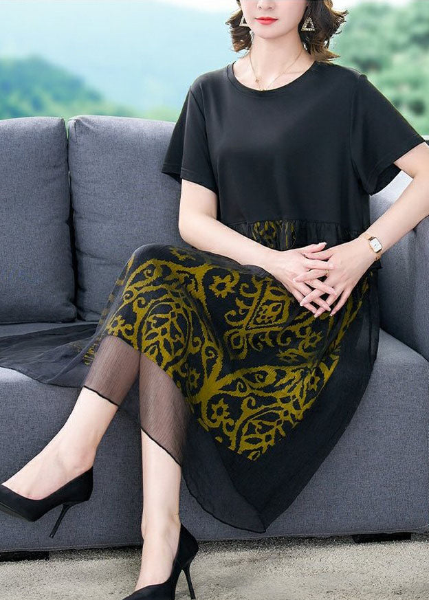 Black O Neck Print Wrinkled Patchwork Silk Dresses Summer