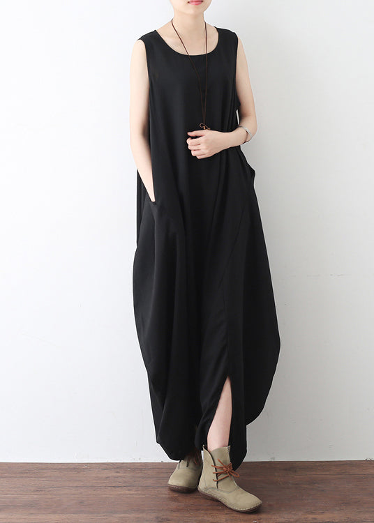 Black O-neck Zip Up Draping Pocket Chiffon Jumpsuit Sleeveless