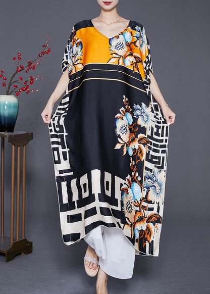 Black Oversized Print Silk Robe Dresses Batwing Sleeve