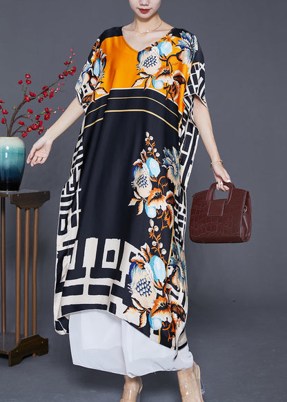 Black Oversized Print Silk Robe Dresses Batwing Sleeve