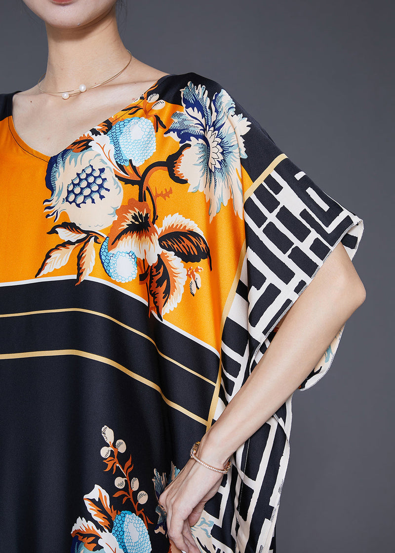 Black Oversized Print Silk Robe Dresses Batwing Sleeve