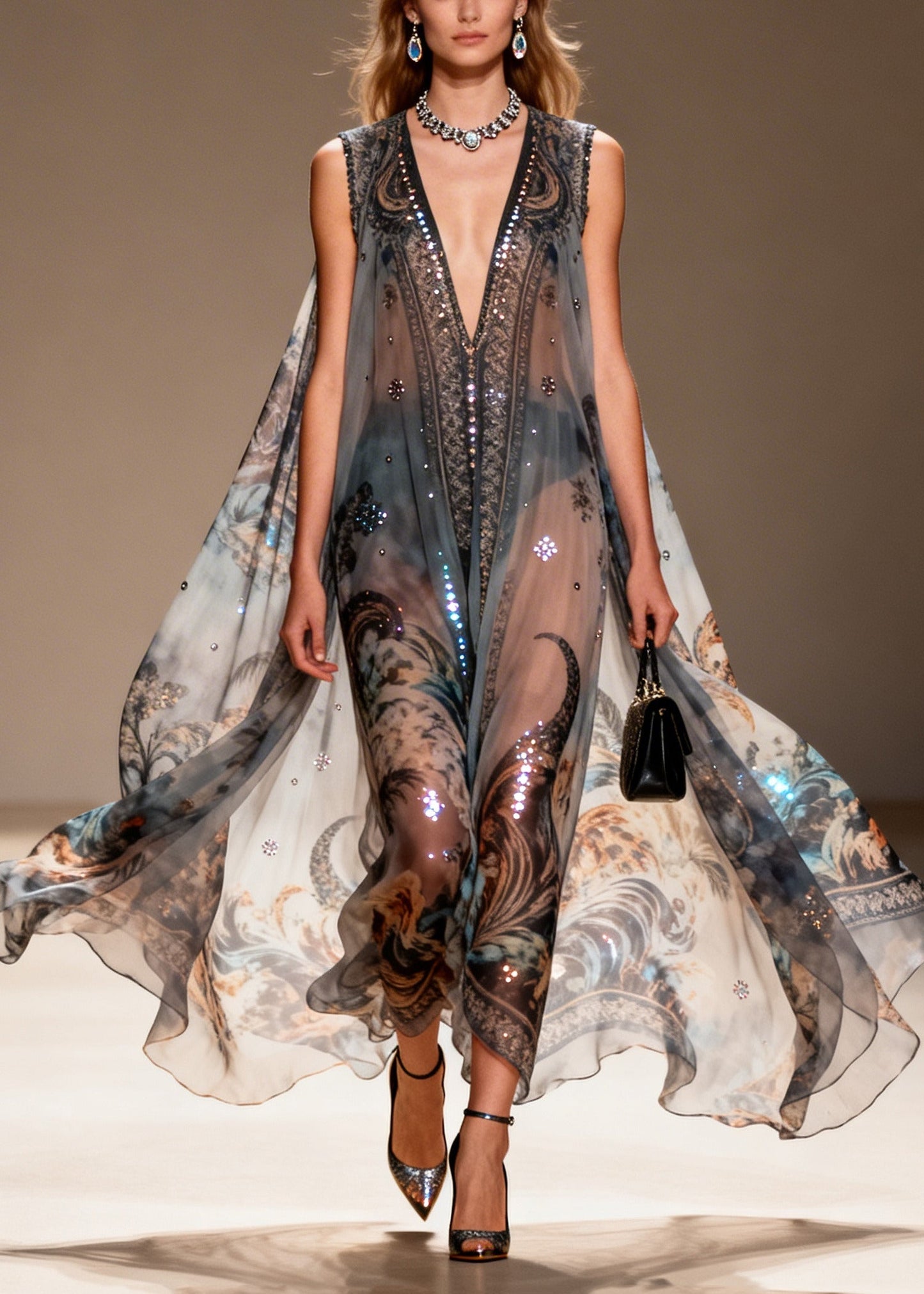 Black Oversized Print Sparkly Chiffon Sheer Dresses Summer