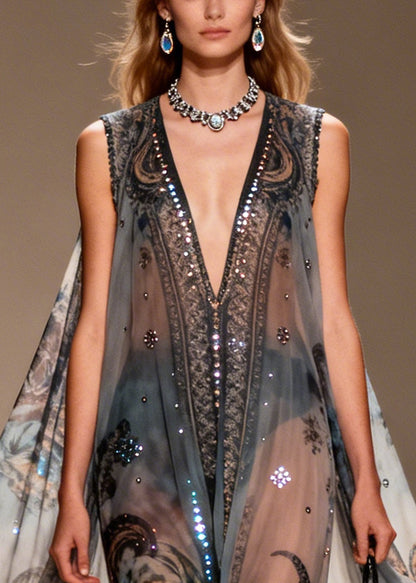 Black Oversized Print Sparkly Chiffon Sheer Dresses Summer