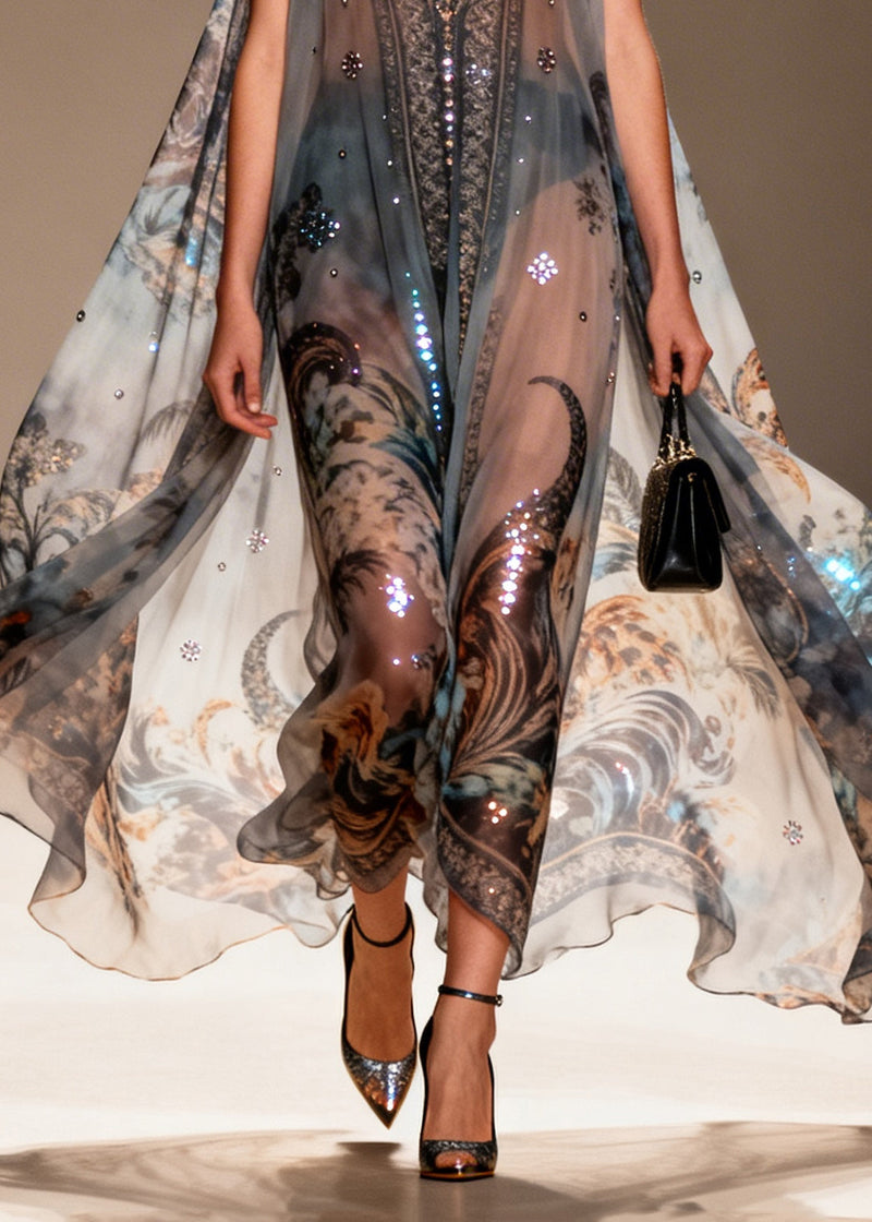 Black Oversized Print Sparkly Chiffon Sheer Dresses Summer