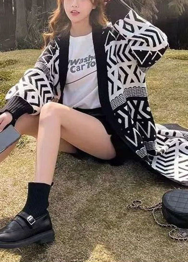 Black Oversized Print Thick Knit Loose Cardigan Winter