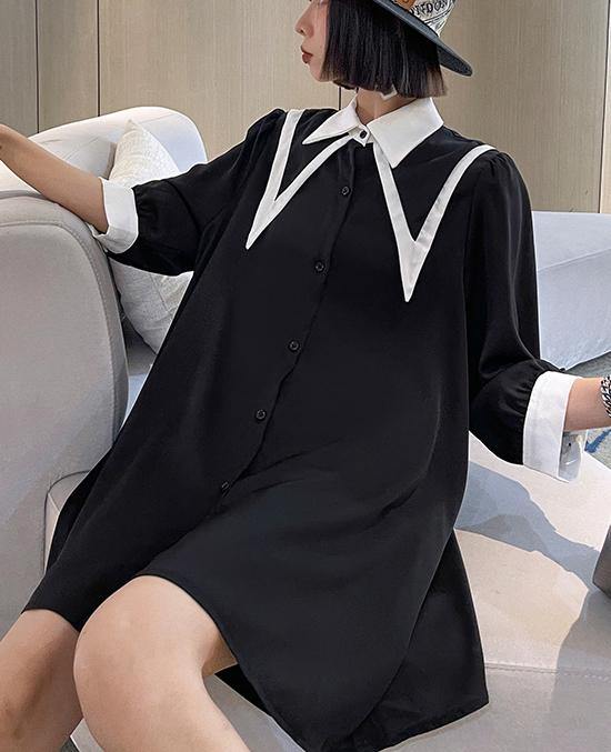 Black Patchwork Cotton Button Summer Robe Dresses