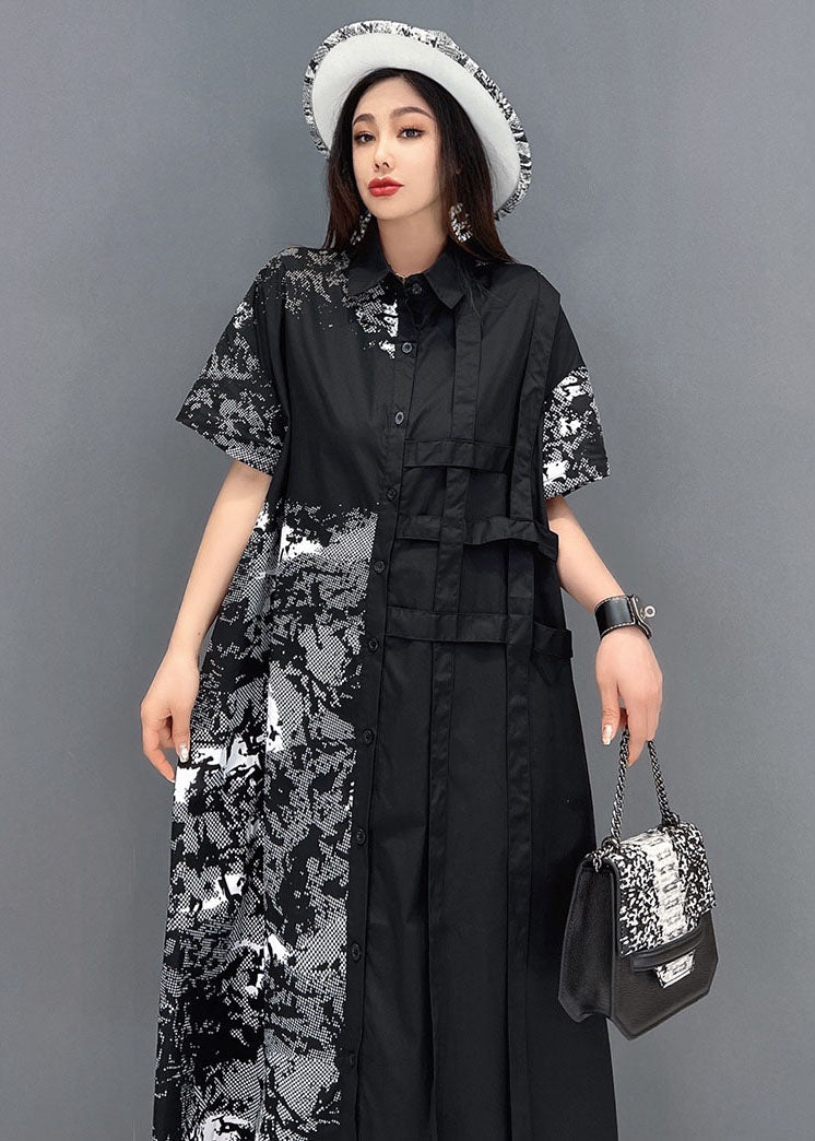 Black Peter Pan Collar Print Cotton Shirt Dress Short Sleeve