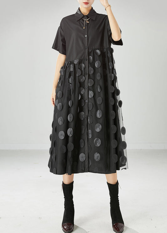 Black Peter Pan Collar Tulle Patchwork Cotton Maxi Dresses Summer