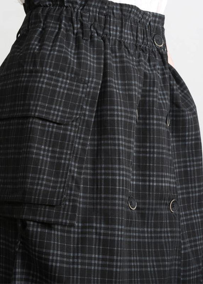 Black Plaid Button Pockets Summer Cotton Skirts