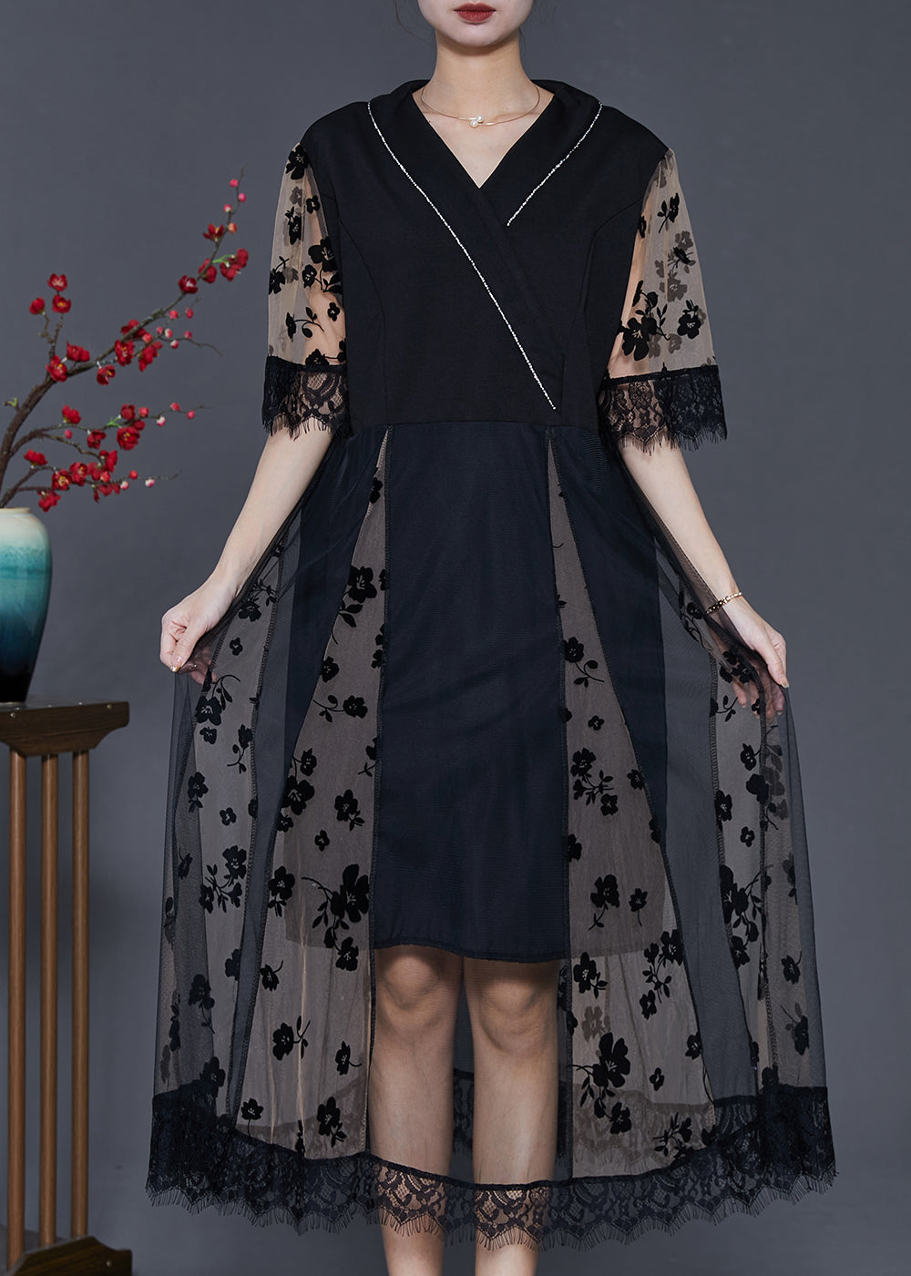 Black Print Patchwork Tulle Dresses Summer