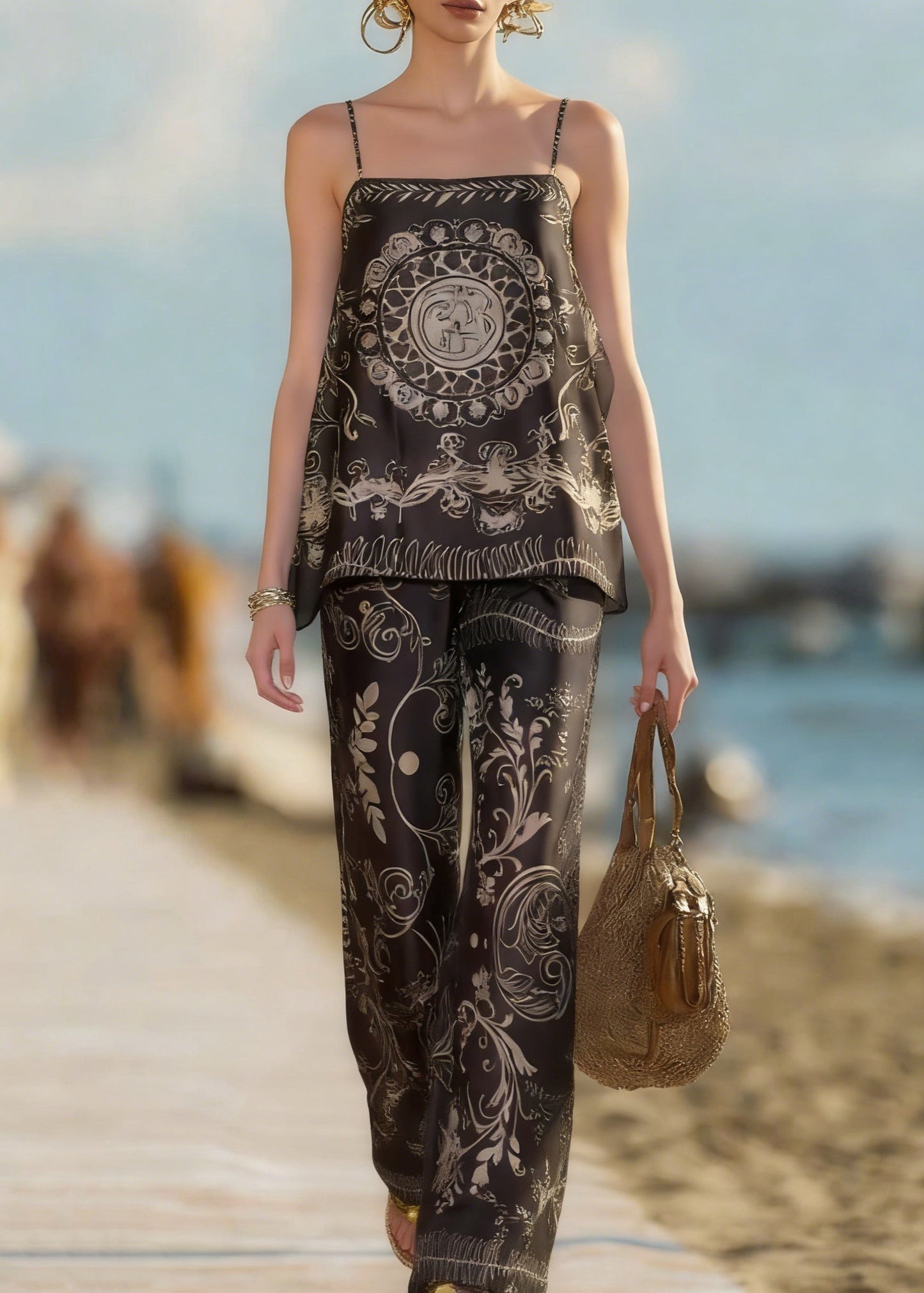Black Print Spaghetti Strap Tank and Pants Silk Cotton Two Piece Set Sleeveless