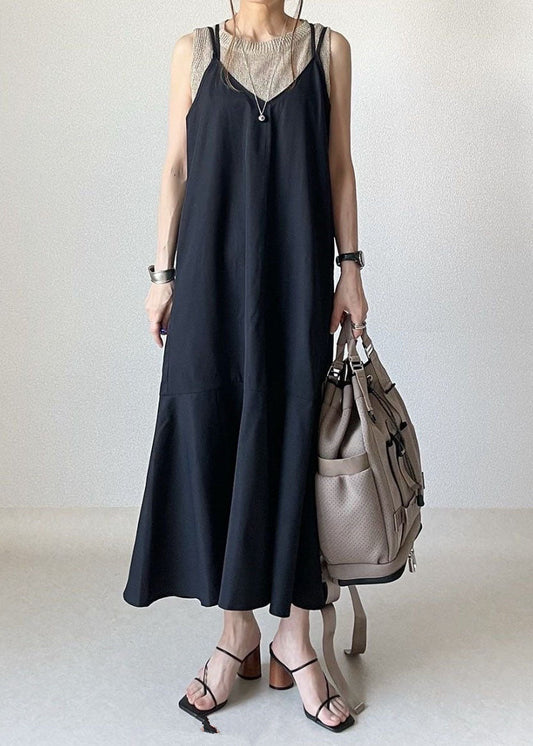 Black Ruffled Patchwork Spaghetti Strap Cotton Dresses Sleeveless