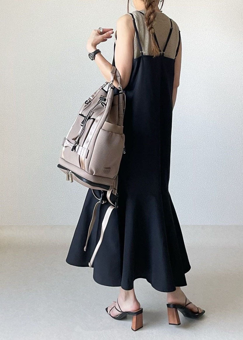 Black Ruffled Patchwork Spaghetti Strap Cotton Dresses Sleeveless