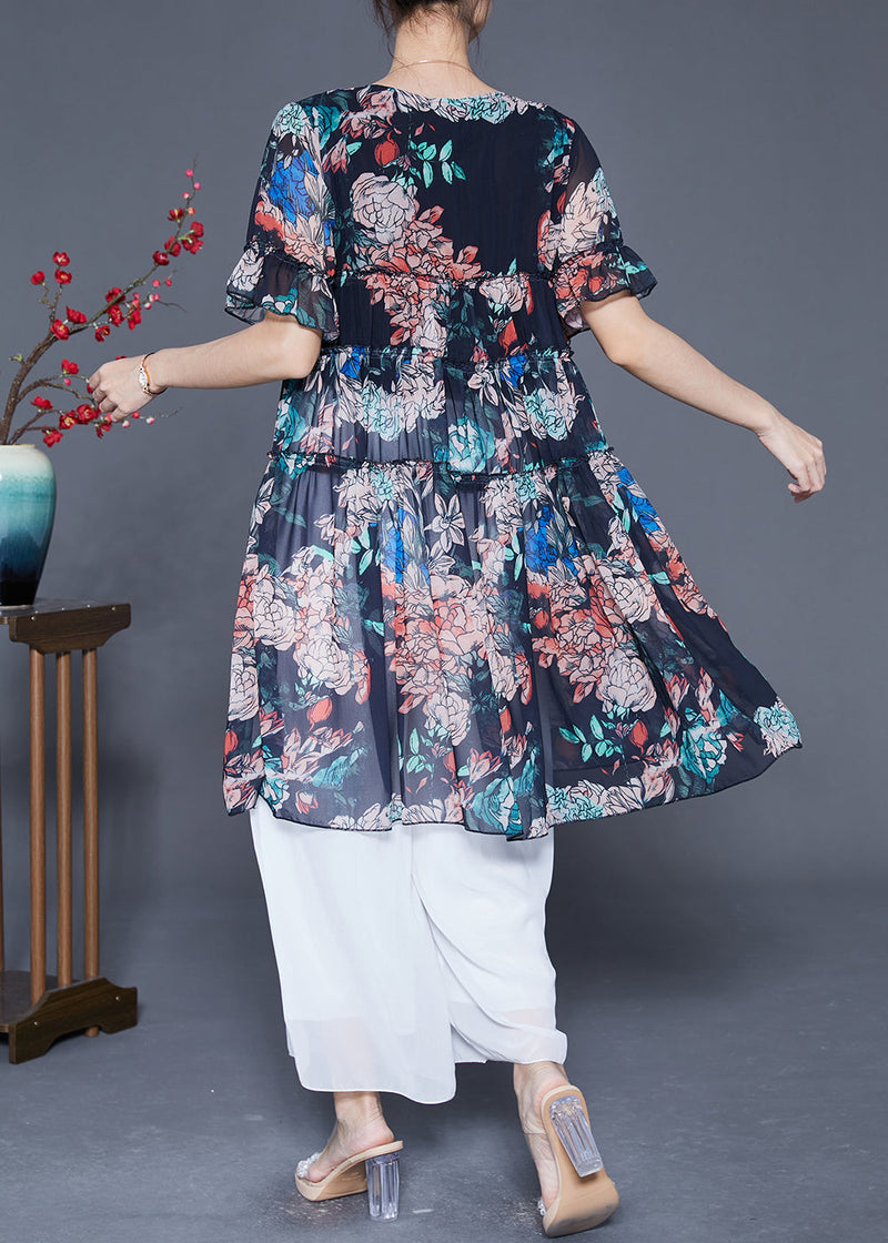 Black Ruffled Print Chiffon Dress Summer