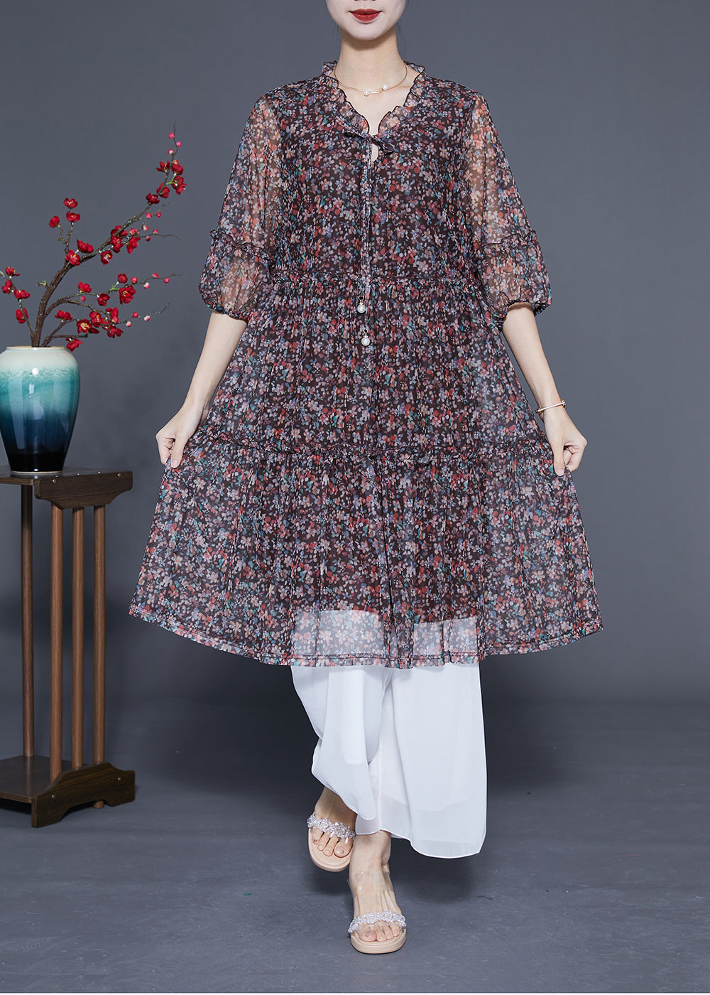 Black Ruffled Print Lace Up Chiffon Mid Dress Summer