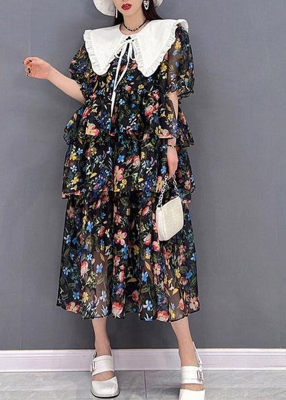 Black Sailor Collar Layered Design Cinched Print Chiffon Dress Short Sleeve
