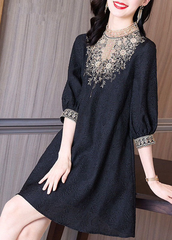 Black Stand Collar Lace Patchwork Spandex Mid Dress Half Sleeve