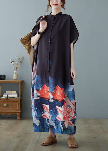 Black Stand Collar Oversized Print Chiffon Dress Summer