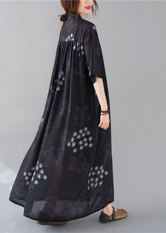 Black Stand Collar Oversized Print Chiffon Shirt Dresses Summer