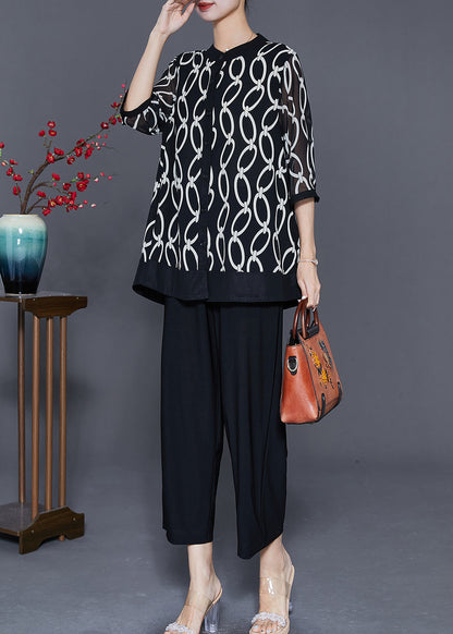 Black Stand Collar Print Chiffon Two-piece Set Summer