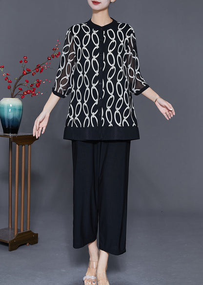 Black Stand Collar Print Chiffon Two-piece Set Summer