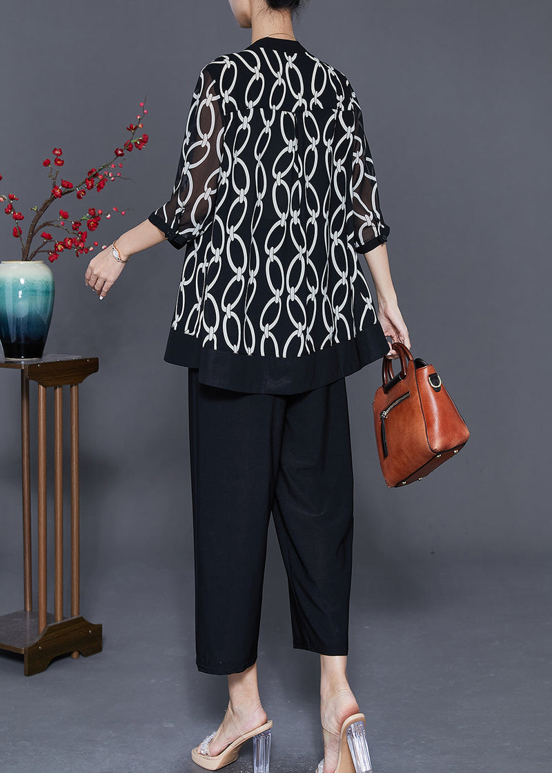 Black Stand Collar Print Chiffon Two-piece Set Summer
