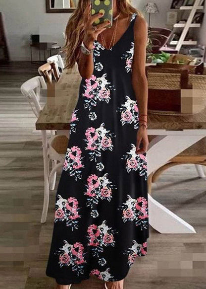 Black V Neck Print Long Dress Summer