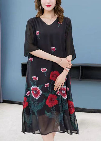 Black V Neck Rose Patchwork Chiffon Dress Summer