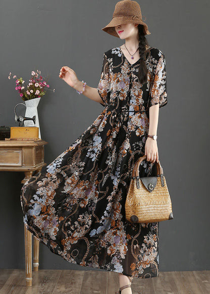 Black V Neck Tie Waist Print Chiffon Vacation Dresses Short Sleeve