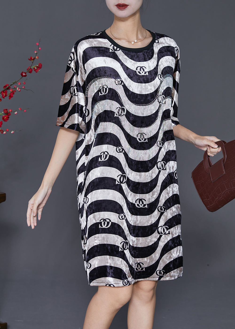 Black White Wave Striped Silk Velour Dress Summer