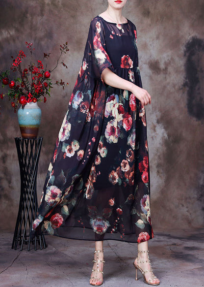 Black Wrinkled Print Chiffon Long Dress and Dress Spaghetti Strap Two Piece Suit Set Summer