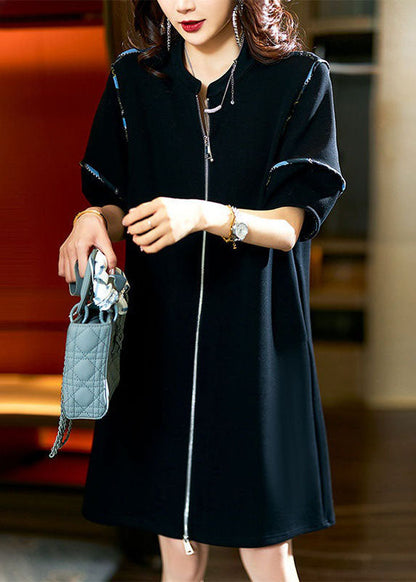 Black Zip Up Patchwork Cotton Mid Dresses Summer